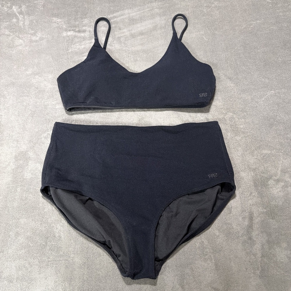 Albion Fit Swim Set Rise Bikini Top High Waisted Bottoms Black Terry LARGE